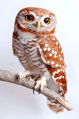 Obraz premium A stunning owl with intricate feather details perched gracefully, photographed with a vibrant background and perfect lighting, highlighting the beauty and majesty of this majestic bird.A stunning owl 