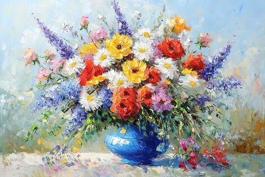 Vibrant Floral Still Life in a Blue Vase, Oil Painting Style