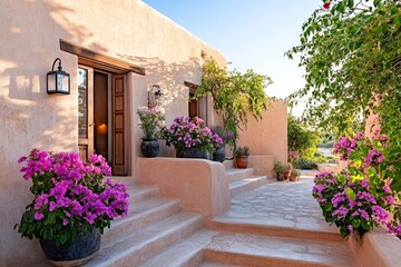 A ksar pathway leading down to an oasis, with vibrant flowers blooming along the steps and a cool breeze rustling the leaves