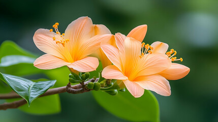 Fototapeta premium Peach-colored flowers bloom on a branch against a blurred green background; ideal for nature, beauty, or greeting card use.
