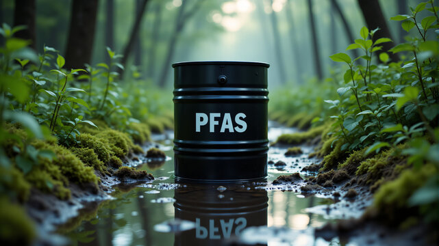A striking black barrel labeled PFAS sits amidst a vibrant green forest, reflecting environmental concerns.