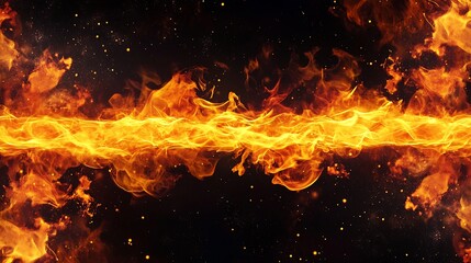 Obraz premium A horizontal, fiery line with orange flames stretches across a dark background. 