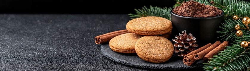 Festive Gingerbread Cookies with Chocolate and Cinnamon on a Slate Plate for Holiday Decor