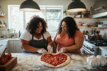 Plus-size women baking a heart-shaped pizza in a cozy kitchen