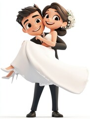 Whimsical Cartoon Couple Embracing on Wedding Day Celebration
