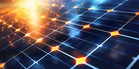 Modern abstract background featuring solar cell textures with vibrant colors and glowing elements, creating dynamic and energetic atmosphere