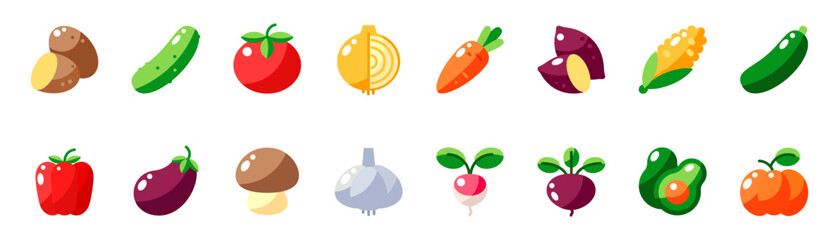 Set of color icons of vegetables. Collection of icons, symbols of vegetables in color. Graphic design elements. Healthy eating, organic products, agricultural harvest, harvest from the garden.