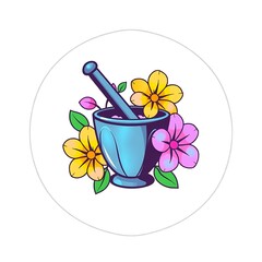 Floral Apothecary: A charming illustration of a blue mortar and pestle nestled amongst vibrant flowers. Perfect for herbal remedies, natural beauty, and holistic wellness branding. 