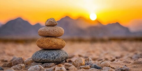 Tranquil Stone Stacking at Sunset with Mountains and Desert Landscape in the Background