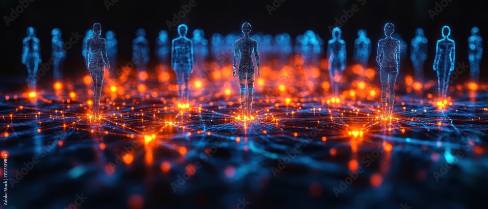 Poster futuristic representation of interconnected digital figures amidst a network of glowing nodes.