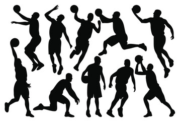  Basketball players silhouettes set isolated flat vector illustration on white background.