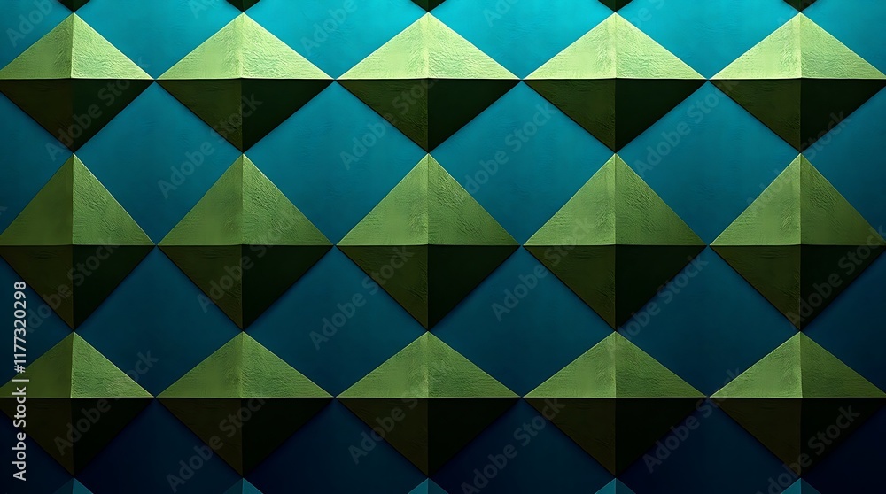Poster geometric abstract: green and blue triangles interlock, creating a seamless, minimalist pattern with