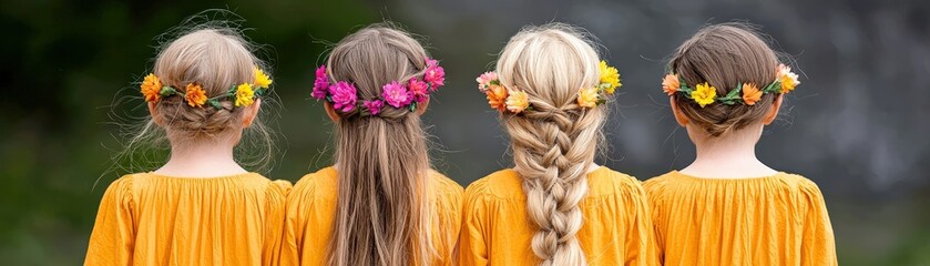 Four Young Girls with Colorful Flower Crowns Enjoying Nature in Bright Orange Dresses