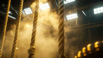 Fototapeta premium dynamic perspective capturing ropes movement in misty environment, showcasing interplay of light and shadow. atmosphere evokes sense of depth and intrigue
