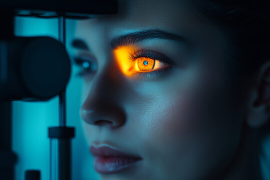 An optometrist adjusting the settings on a visual field test machine while explaining results to a patient with copy space.