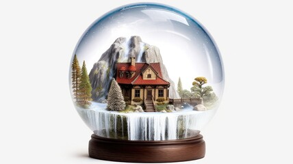snowy mountains enclosed in a snow globe, decorated with pine trees