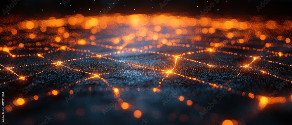 Poster a digital representation of interconnected nodes with glowing lights on a dark background.