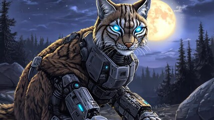 Robotic lynx with glowing eyes sits under the full moon amidst a serene forest landscape at night - Powered by Adobe