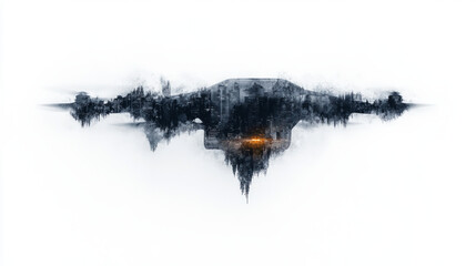 Fototapeta premium Watercolor aerial delivery drone flying above urban dark blue cityscape silhouette with orange glow illuminating futuristic transportation concept