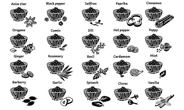 A collection of flat vector herbs and spices in black silhouettes in a crushed state in a plate next to the item. A variety of herbs, seeds, vegetables for different taste preferences. Sliced pieces