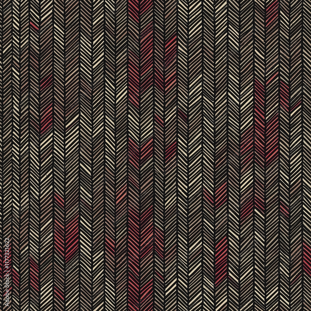 Poster textured fabric with a herringbone pattern in shades of black, gray, and red, creating a visually ri