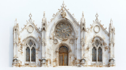 Obraz premium Gothic cathedral facade detail with ornate arched entrance, white marble architecture, religious building exterior, medieval european church landmark