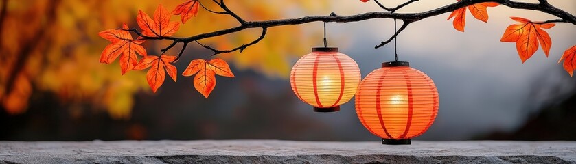 Fototapeta premium Red Lanterns Hanging on a Branch with Autumn Leaves and Scenic Background