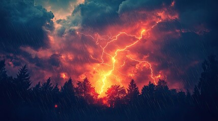 A thunderstorm at night with vivid lightning strikes igniting a forest fire, glowing orange and red against the dark, rain-filled sky.