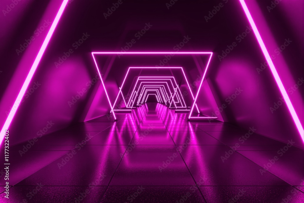Poster a neon pink tunnel with glowing triangular frames on a reflective floor. futuristic concept. ai gene