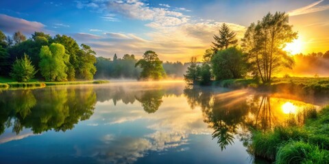 Obraz premium Serene lake at dawn: nature's artistry in calm waters, sun-kissed.