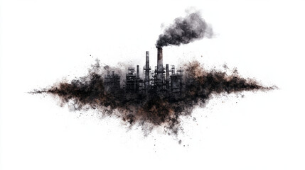 Watercolor industrial factory with black smoke polluting atmosphere floating on dark misty background depicting environmental impact of manufacturing