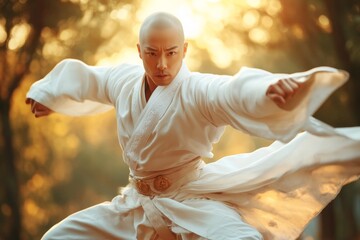 A kung fu master performing a powerful kick in mid-air, with flowing robes and a serene bamboo forest in the background