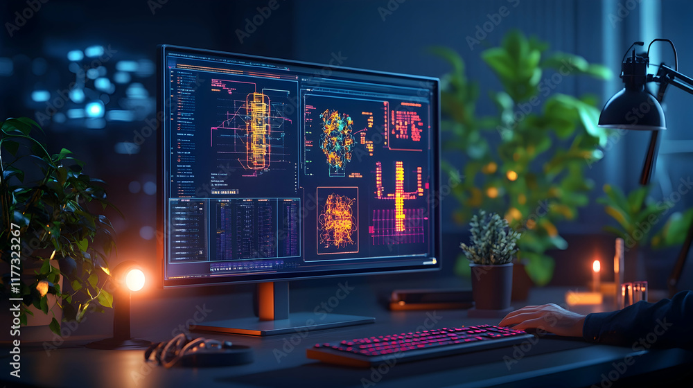 Aufkleber programmer coding late at night, illuminated workspace, plants, desk.