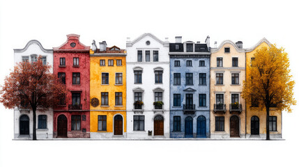 Fototapeta premium Colorful historic townhouse row with autumn tree, featuring European architecture facade with red, yellow, and white buildings