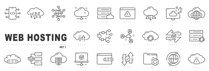 Set of web hosting related line icons. Server, cloud, storage, database etc. Editable stroke.