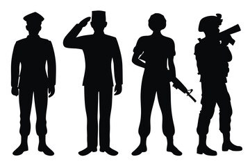 Military People Pose silhouettes set isolated flat vector illustration on white background.