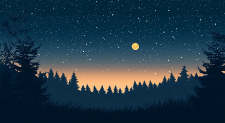 Serene Night Sky Landscape Forest Stars Moon Sunset Scene