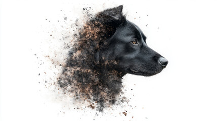 Black dog profile in watercolor style illustration with dispersion effect, artistic digital painting showing dark canine silhouette with particle scatter, modern minimalist animal art