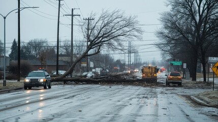 Obraz premium A tree crossing a highway after high winds, with cars halted in the distance and road maintenance crews preparing to clear the debris.