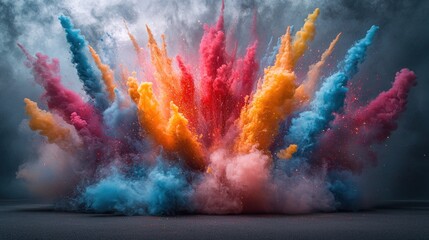 Colorful powder explosion on dark studio floor with smoky backdrop