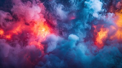 Colorful smoke clouds billowing in dark studio, ideal for backgrounds