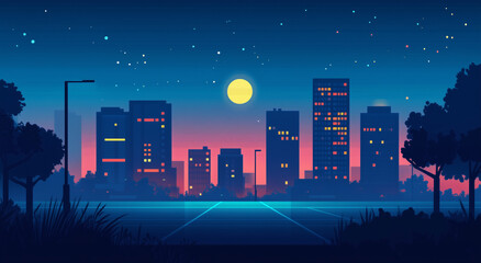 Cityscape At Night With Full Moon And Stars