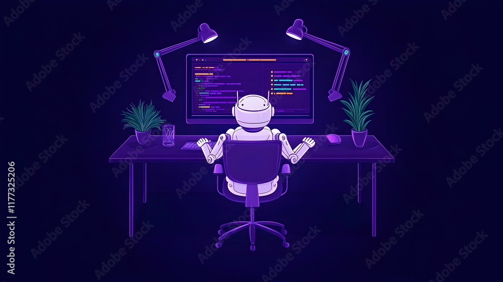 Poster robot coder working late at night, illuminated by desk lamps, in a dark room; ideal for tech, ai, or