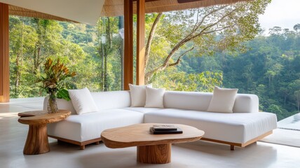 Spacious modern living room with a stylish white sofa and contemporary decor for a chic, inviting atmosphere.