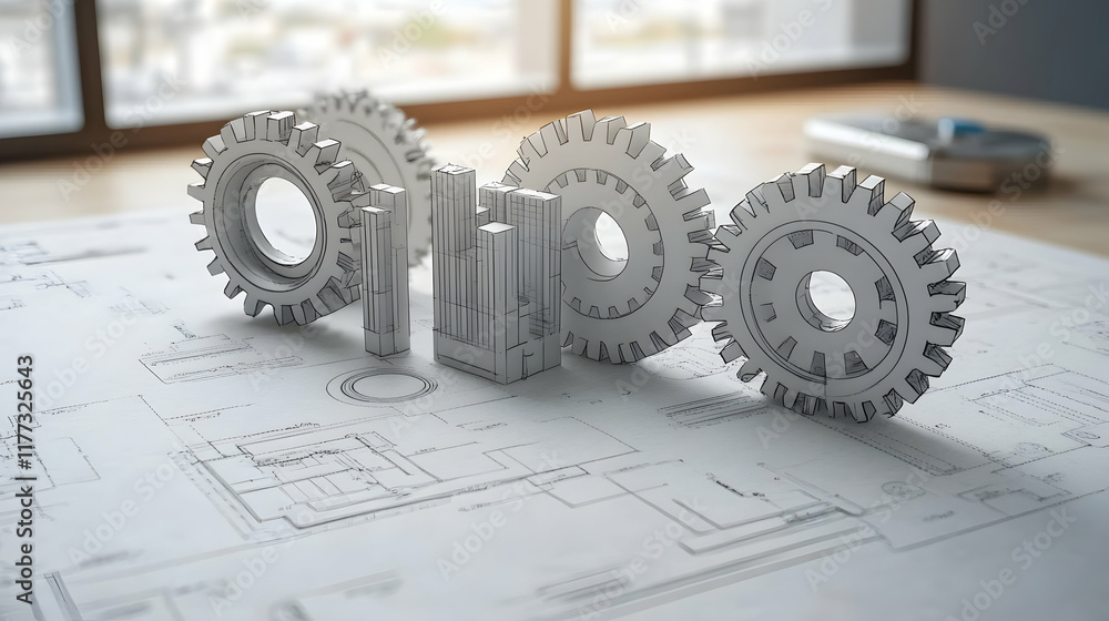Aufkleber conceptual image of gears and building models on blueprints; symbolizes engineering, architecture, a