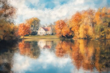 Autumnal House by the Water in a Painterly Style
