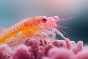 A macro photograph of a krill intricate body structure, highlighting its segmented body and delicate appendages