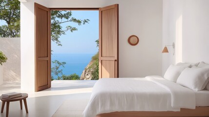 Fototapeta premium Serene minimalist bedroom featuring a spacious bed and calming decor for ultimate relaxation.