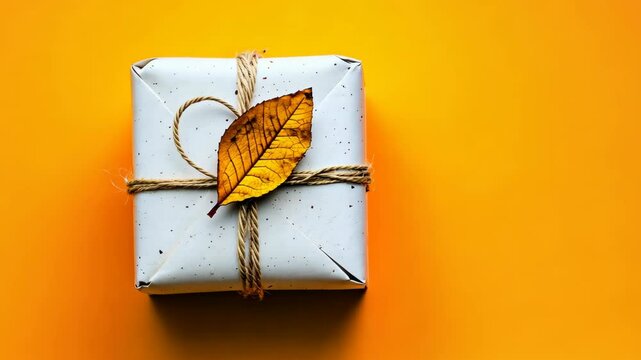Gift wrapped in white paper with twine and a dried leaf on a bright yellow background during autumn