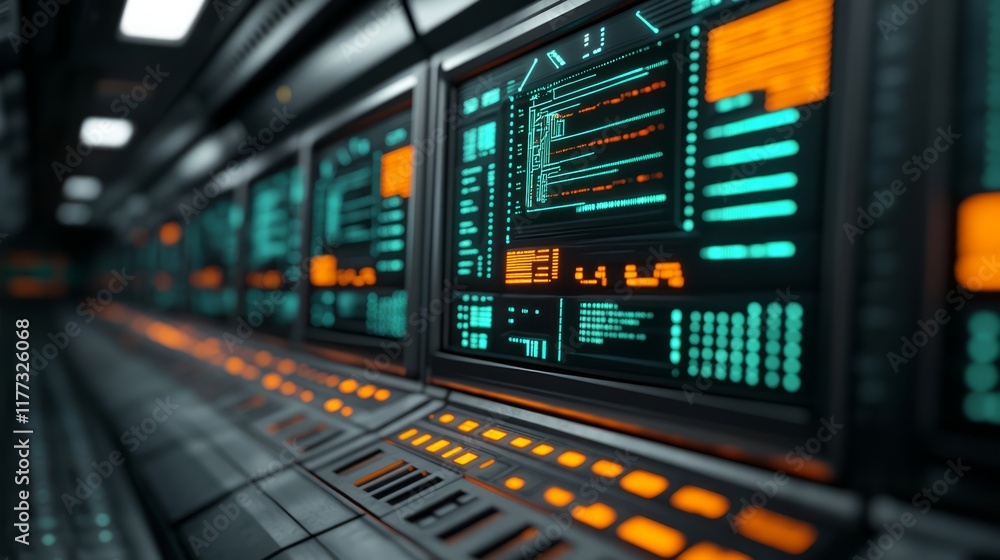 Poster futuristic data center interior with glowing displays, advanced technology and neon colors in a high